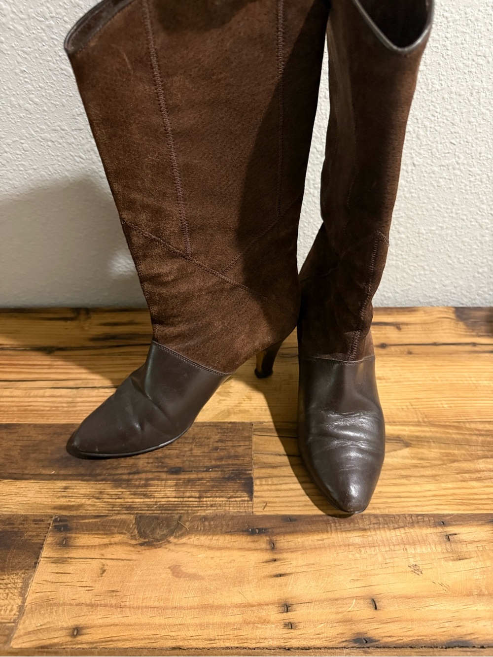 Vintage Upstage Brown Leather & Suede Slouch Boots Women’s 9 EU39 Yugoslavia 90s